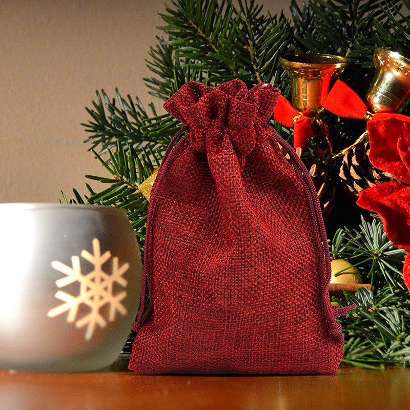 Wine Red Hemp Bundle Pocket Storage Bag Drawstring Gift Bag