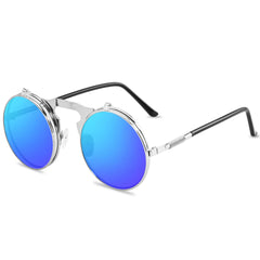 Men's Steampunk Sunglasses Retro Round Metal Flip Circular Double Lens