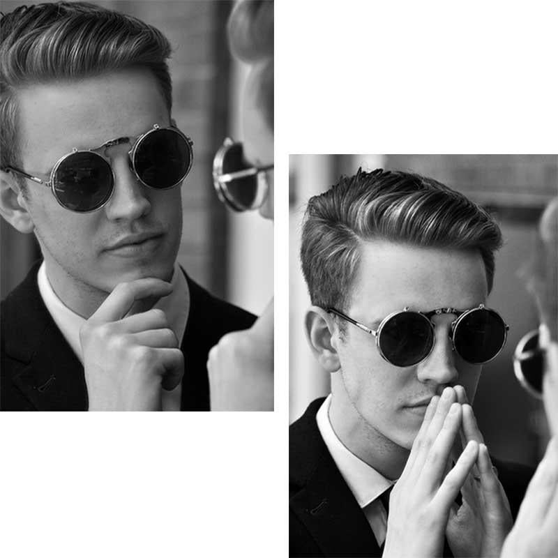 Men's Steampunk Sunglasses Retro Round Metal Flip Circular Double Lens