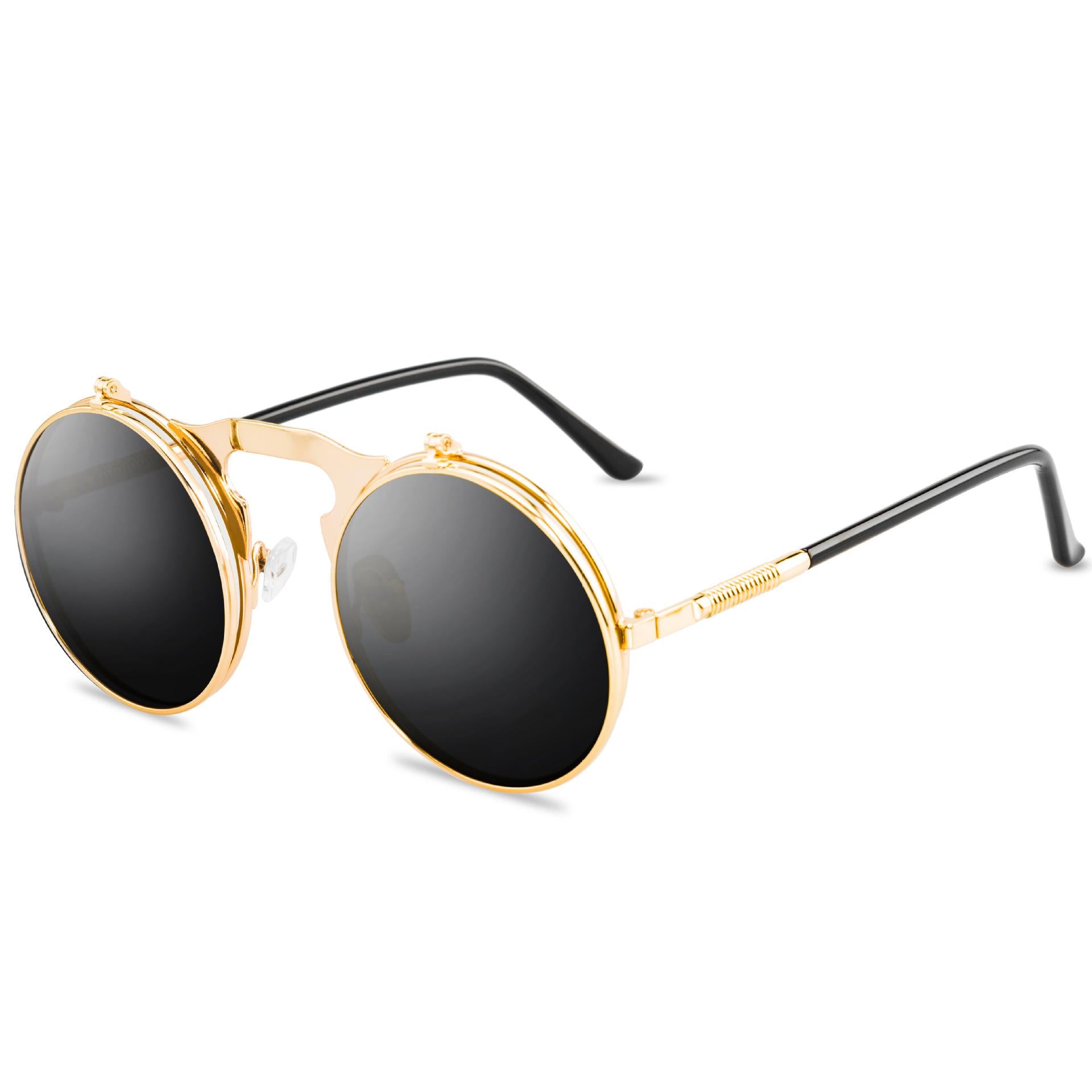 Men's Steampunk Sunglasses Retro Round Metal Flip Circular Double Lens