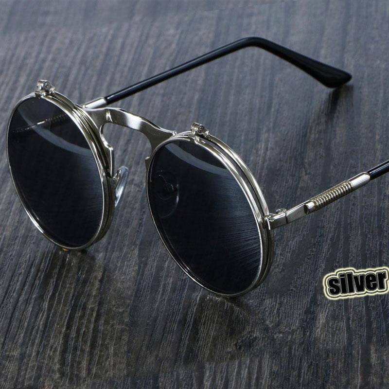 Men's Steampunk Sunglasses Retro Round Metal Flip Circular Double Lens
