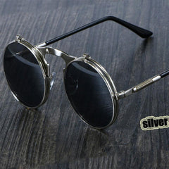 Men's Steampunk Sunglasses Retro Round Metal Flip Circular Double Lens