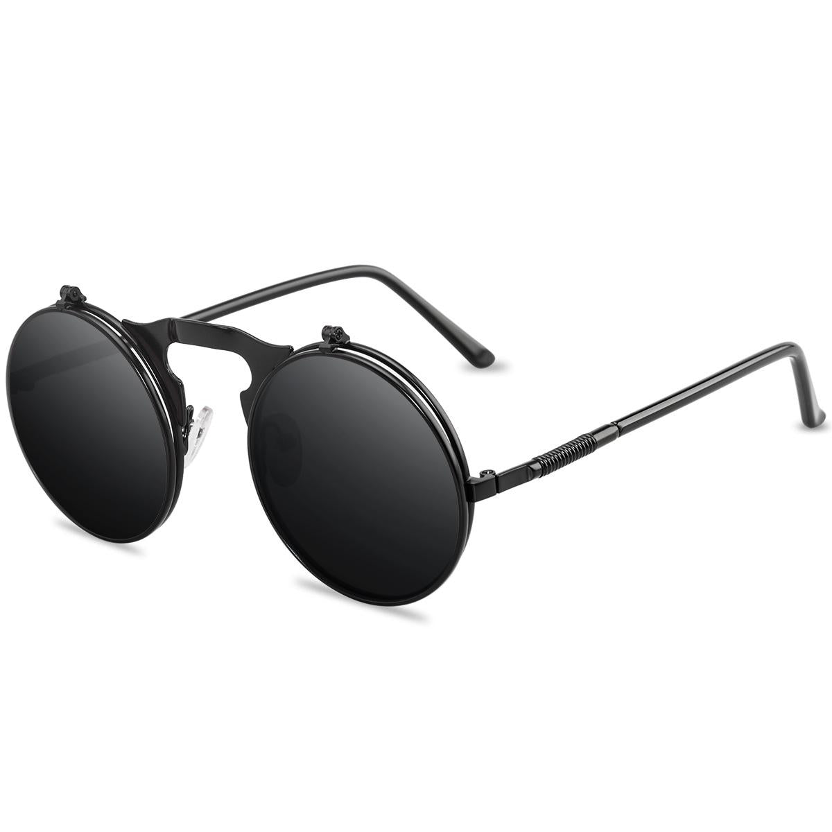 Men's Steampunk Sunglasses Retro Round Metal Flip Circular Double Lens