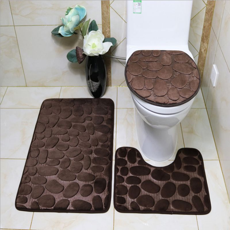 3pcs Cobblestone Bath Mat Sets Non-Slip U-Shaped Bathroom Rugs Toilet Mats