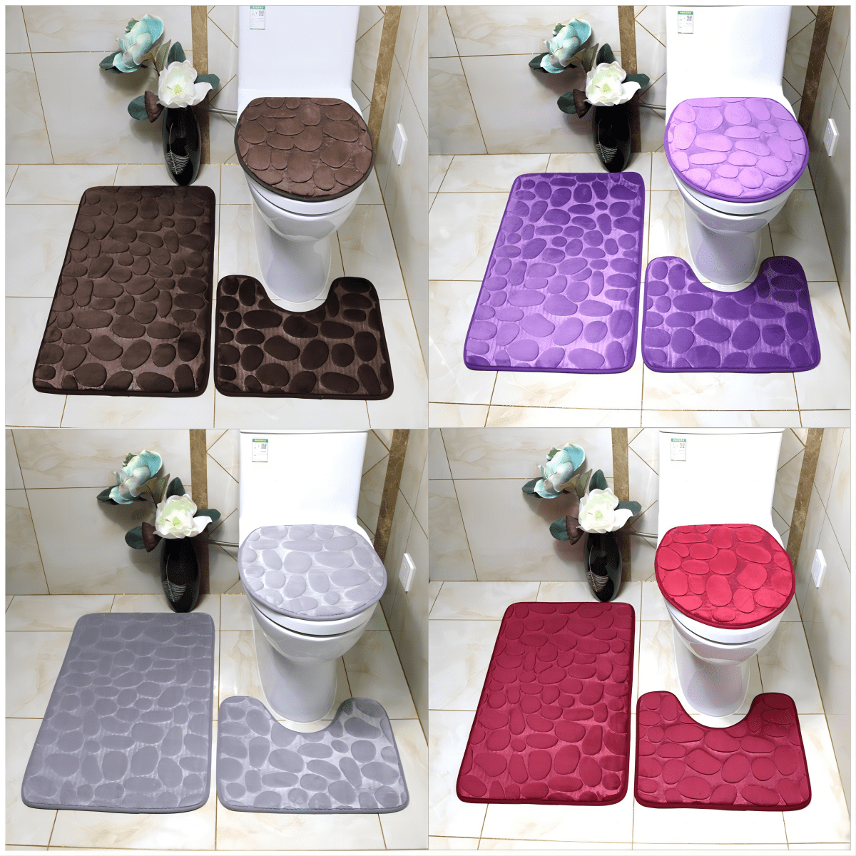 3pcs Cobblestone Bath Mat Sets Non-Slip U-Shaped Bathroom Rugs Toilet Mats