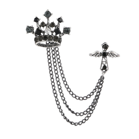 Men's Crystal Cross Crown Chain Tassel Brooch Pin