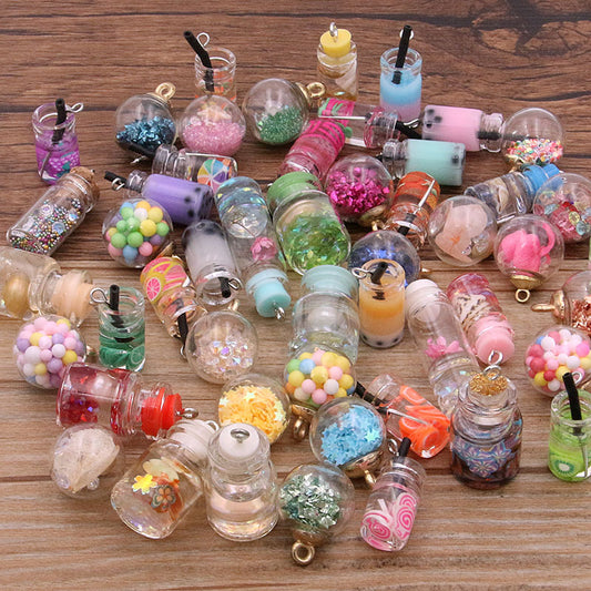10pcs Glass Bottle Milk Tea Cup Pendant Keychain Bracelet Jewelry Accessorie