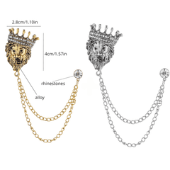 Vintage Crown Lion Head Brooch Shirt Collar Tassel Chain Lapel Pins