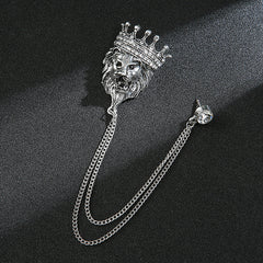 Vintage Crown Lion Head Brooch Shirt Collar Tassel Chain Lapel Pins