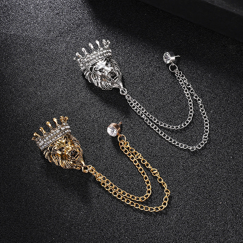 Vintage Crown Lion Head Brooch Shirt Collar Tassel Chain Lapel Pins