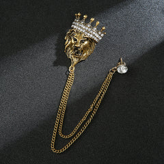 Vintage Crown Lion Head Brooch Shirt Collar Tassel Chain Lapel Pins