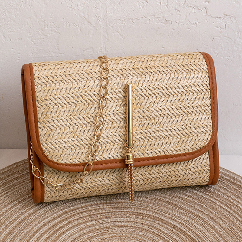 Straw Crossbody Bag Chain Shoulder Bag Tassel Beach Bag