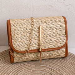 Straw Crossbody Bag Chain Shoulder Bag Tassel Beach Bag