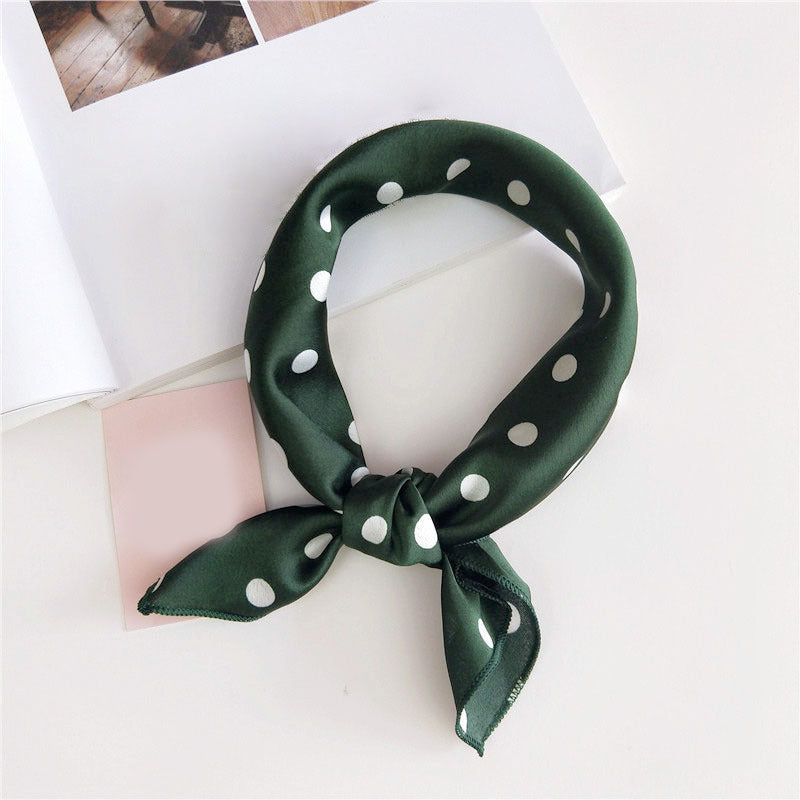 Polka Dot Print Square Scarf Solid Satin Bandana Neckerchief Women Silk Head Wra