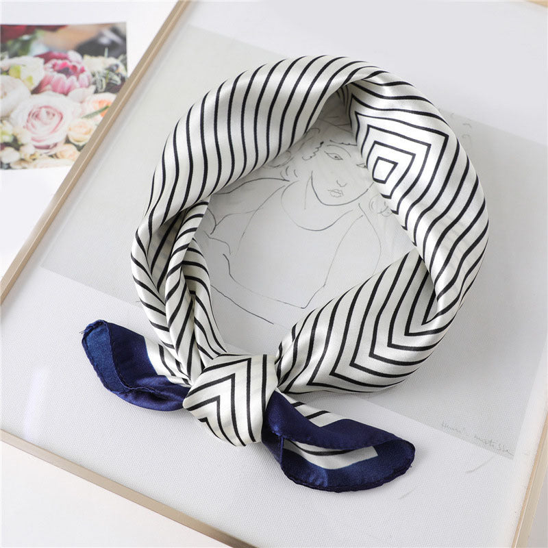 Stripe Print Square Scarf Satin Bandana Neckerchief Women Silk Head Wrap