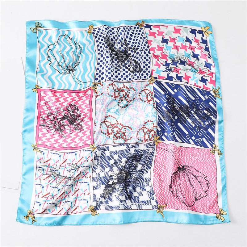 Plaid Print Square Scarf Satin Bandana Neckerchief Women Silk Head Wrap