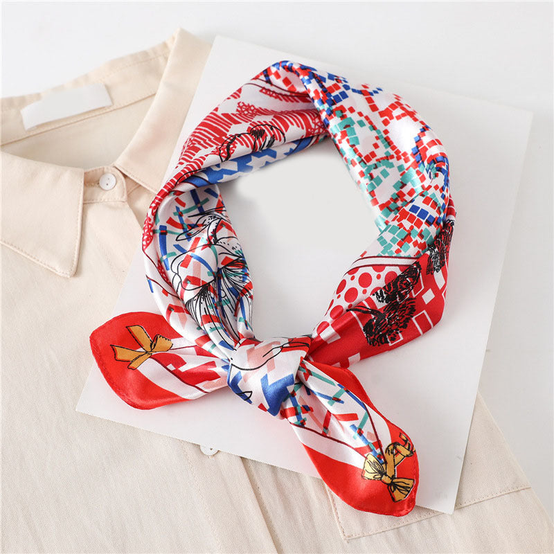 Plaid Print Square Scarf Satin Bandana Neckerchief Women Silk Head Wrap