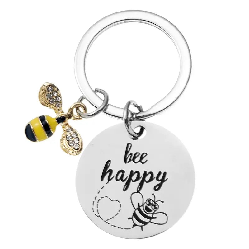 Bee Happy Inspirational Keychain for Women Mom Daughter Son Niece Nephew Friends