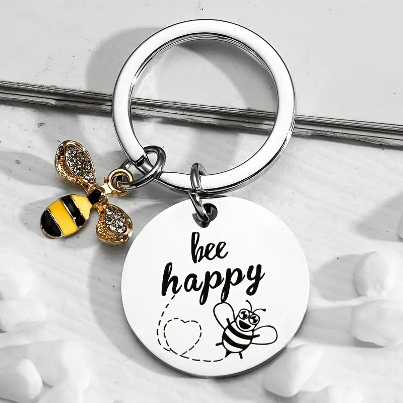 Bee Happy Inspirational Keychain for Women Mom Daughter Son Niece Nephew Friends