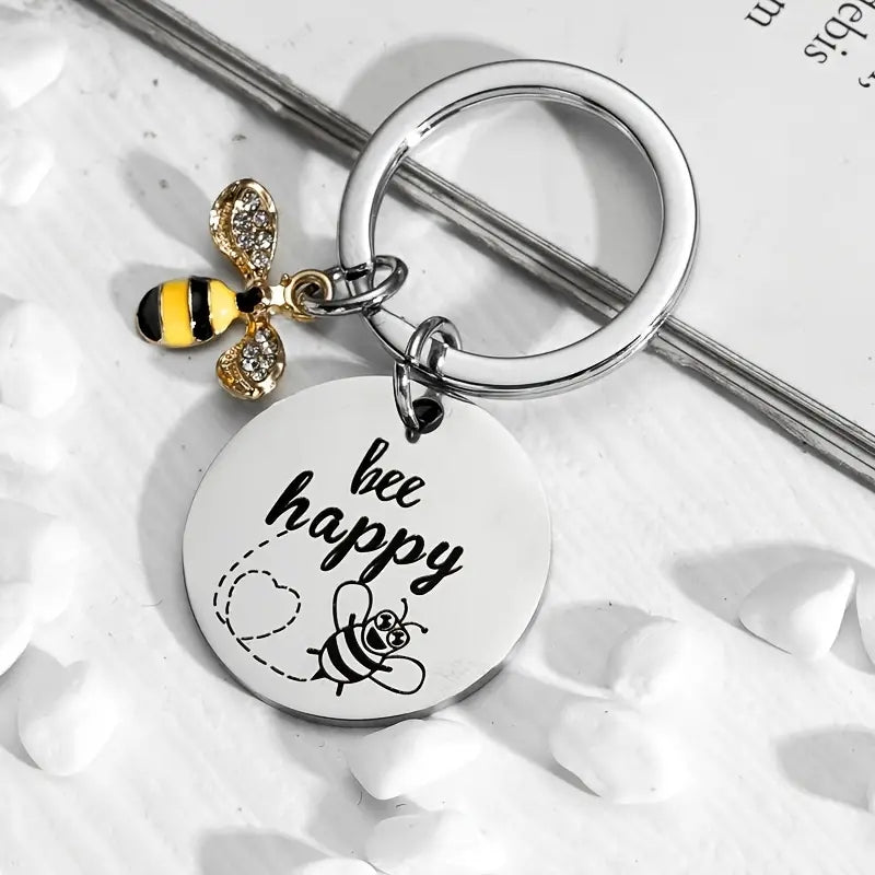 Bee Happy Inspirational Keychain for Women Mom Daughter Son Niece Nephew Friends