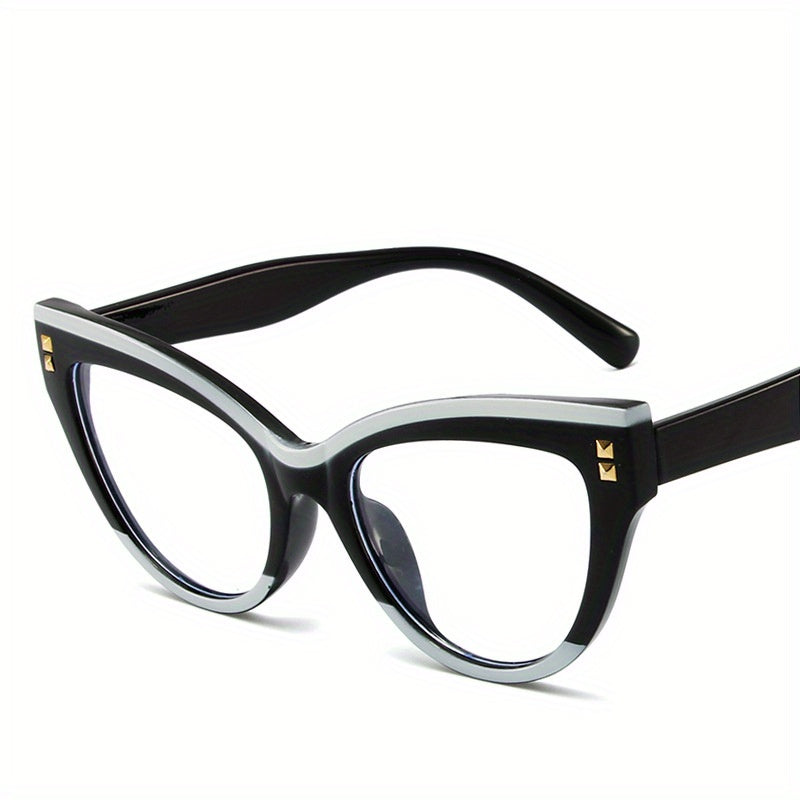 Cat Eye Clear Lens Glasses For Women Men Casual Rivet Decor Anti Light Glasses