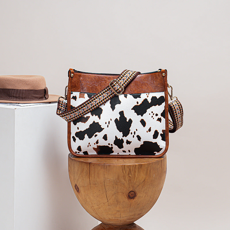 Cow Pattern Shoulder Bag Faux Leather Crossbody Bag with Vintage Strap
