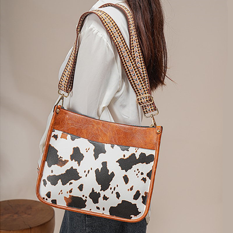 Cow Pattern Shoulder Bag Faux Leather Crossbody Bag with Vintage Strap