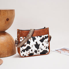 Cow Pattern Shoulder Bag Faux Leather Crossbody Bag with Vintage Strap