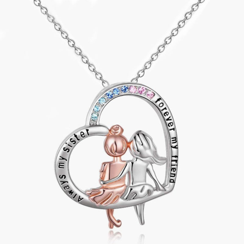 Sisters From Sister Two Little Girls Back Pattern Silvery Heart Necklace