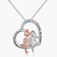 Sisters From Sister Two Little Girls Back Pattern Silvery Heart Necklace
