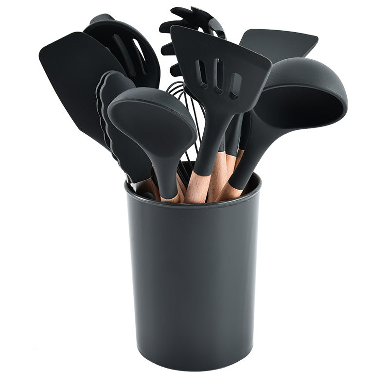 12-Piece Silicone Kitchen Utensil Set with Wooden Handles and Storage Box
