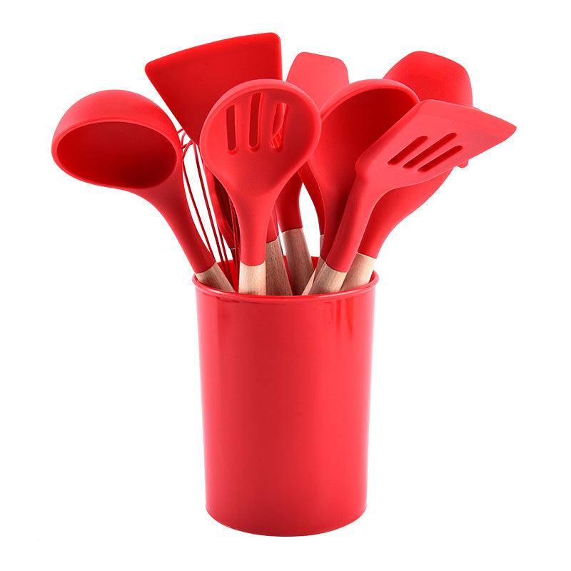 12-Piece Silicone Kitchen Utensil Set with Wooden Handles and Storage Box