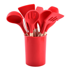 12-Piece Silicone Kitchen Utensil Set with Wooden Handles and Storage Box