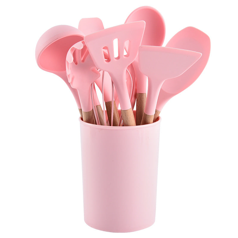 12-Piece Silicone Kitchen Utensil Set with Wooden Handles and Storage Box