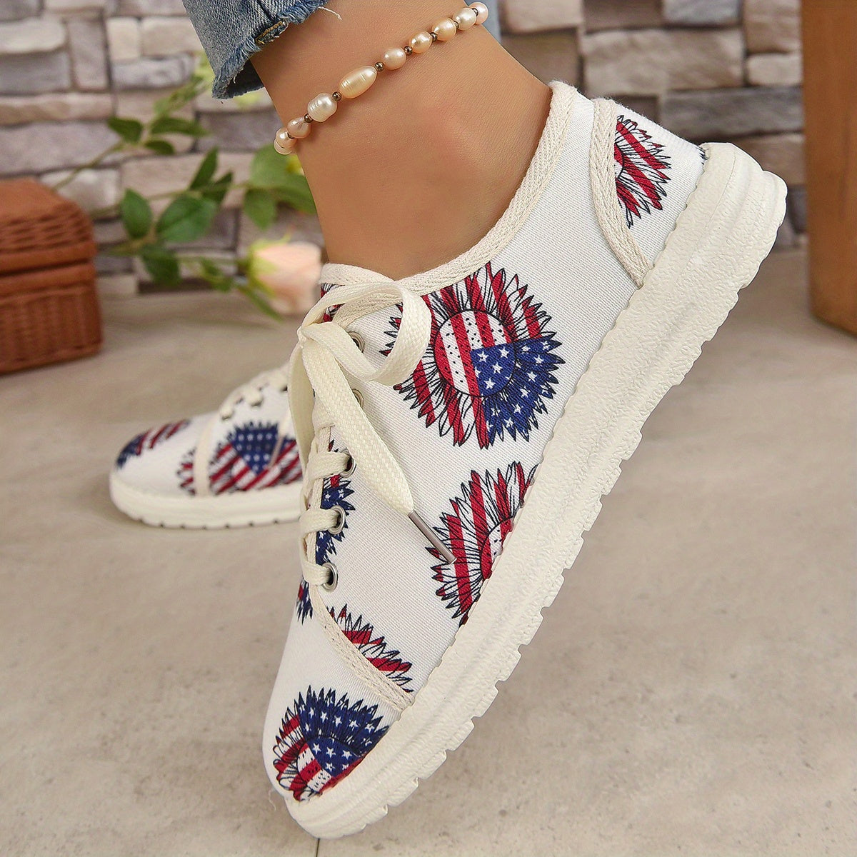 Women's Sunflower Canvas Shoes Flag Graphic Lace Up Flat Sneakers
