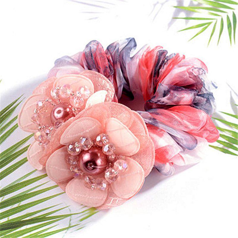 Boho Gradient Flower Scrunchies Hair Rope Faux Pearl Accessories