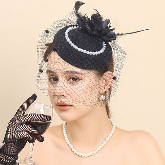 Vintage Veil Fascinator Hat with Faux Pearl Chain Feather Decor