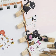 10pcs Cat Paper Clip Wooden Memo Clips with Hemp Rope