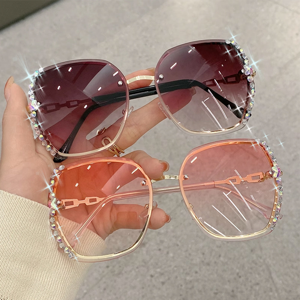 Oversized Rimless Sunglasses Rhinestone Gradient UV400