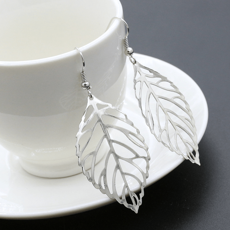 Gold Hollow Leaf Dangle Earrings 18K Plated Jewelry