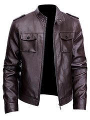 Men's PU Biker Jacket Zip Up Lapel Faux Leather Jacket