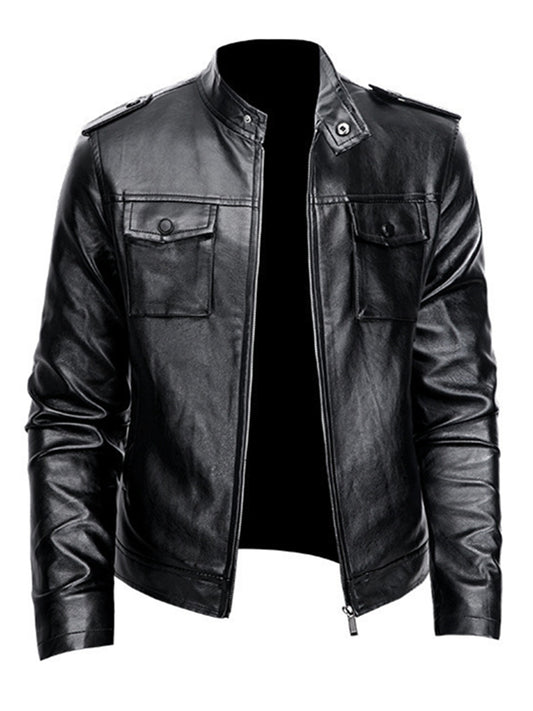 Men's PU Biker Jacket Zip Up Lapel Faux Leather Jacket
