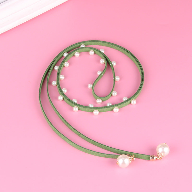Faux Pearl Decor Thin Belt Lace Up Candy Sash Belt Pendant Waistband