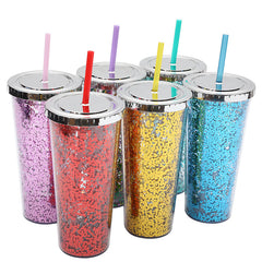 Modern Leakproof 24oz Water Cup with Sequin Design and Double Layer Straw