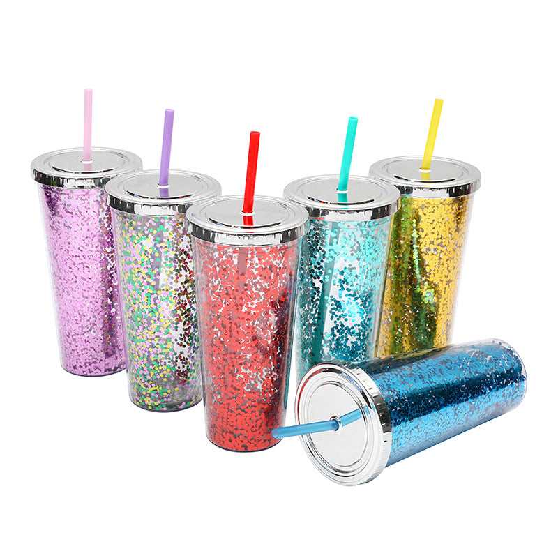 Modern Leakproof 24oz Water Cup with Sequin Design and Double Layer Straw