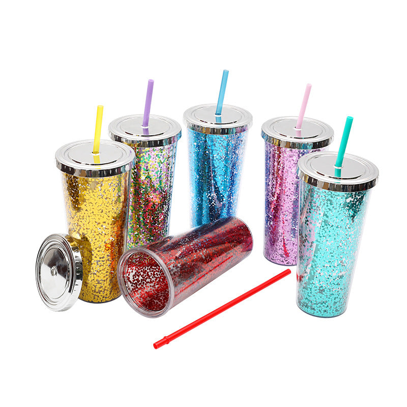 Modern Leakproof 24oz Water Cup with Sequin Design and Double Layer Straw