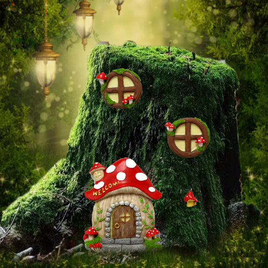Luminous Mushroom House Resin Statue Garden Pendant Outdoor Decor