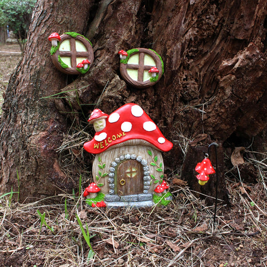 Luminous Mushroom House Resin Statue Garden Pendant Outdoor Decor