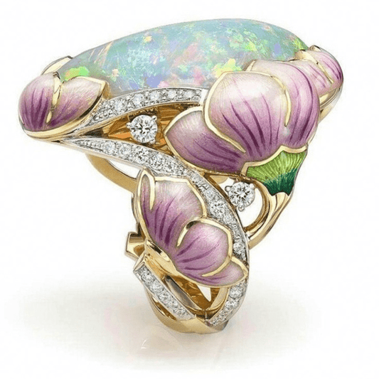 Flower Ring 14k Plated Zircon Inlaid Opal Egg Shape Center