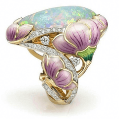 Flower Ring 14k Plated Zircon Inlaid Opal Egg Shape Center